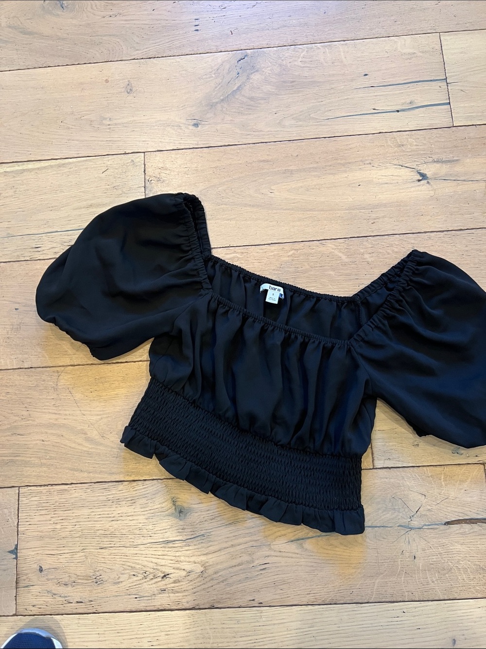 Bar III Black Smocked Puff Sleeve Crop Top